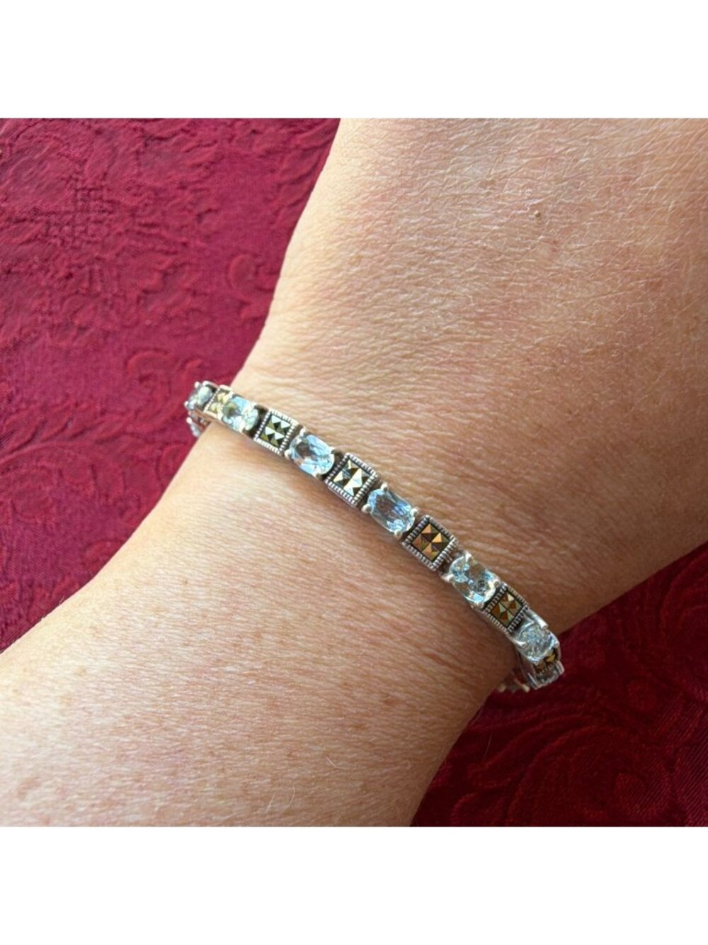 Vintage Sterling Silver 925 Blue Topaz Marcasite Tennis Bracelet 8" Safety Chain